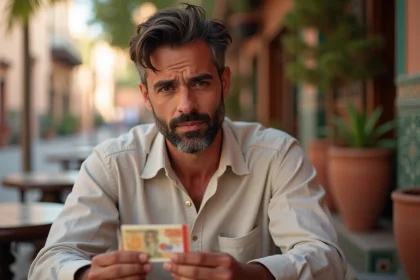 Homme tenant des dirhams marocains et une carte bancaire européenne dans un café à Marrakech, comparant les options de paiement au Maroc
