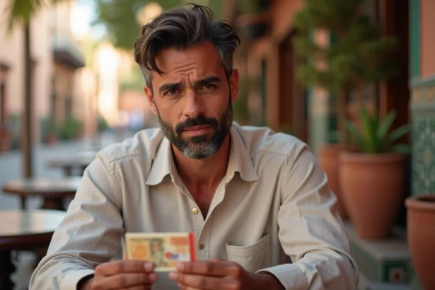 Homme tenant des dirhams marocains et une carte bancaire européenne dans un café à Marrakech, comparant les options de paiement au Maroc