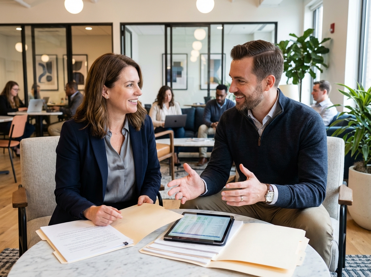Femme professionnelle discutant stratégie fiscale avec conseiller