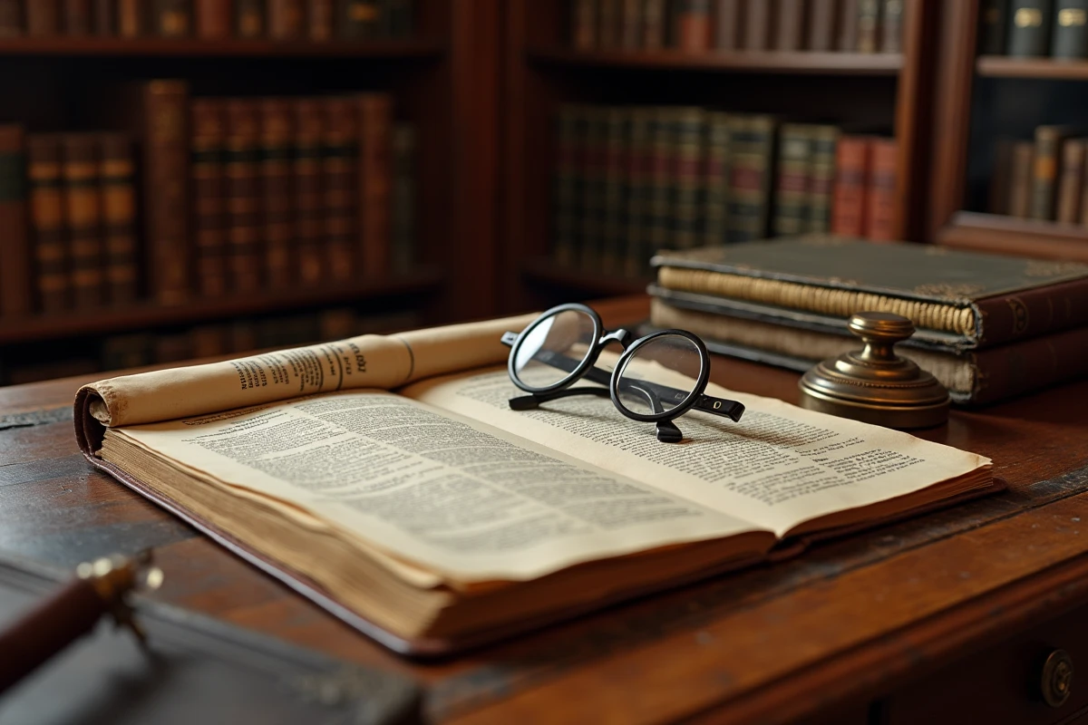 Documents de patrimoine et registres fonciers anciens sur un bureau en chêne dans une étude juridique, symbolisant la gestion d'un héritage familial