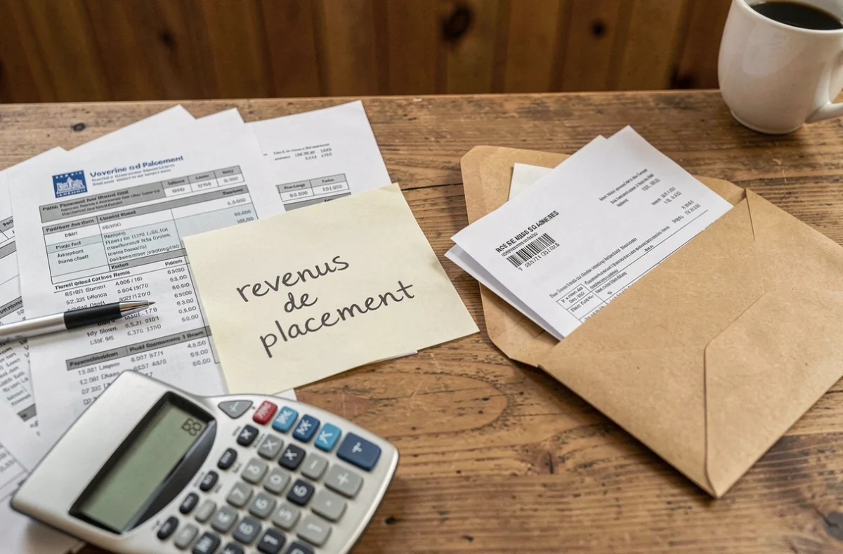 Documents financiers et note manuscrite sur les revenus de placement à déclarer à la CAF sur un bureau