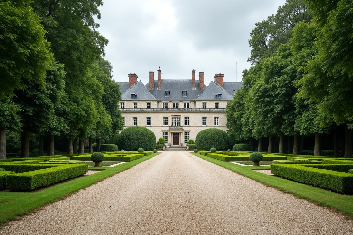 Vue extérieure d'un grand domaine aristocratique en Vendée avec allée de platanes et manoir en pierre grise, évoquant le patrimoine immobilier familial