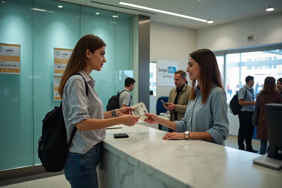 Femme échangeant des euros contre des dirhams marocains au guichet d'une banque au Maroc pour optimiser son budget de voyage