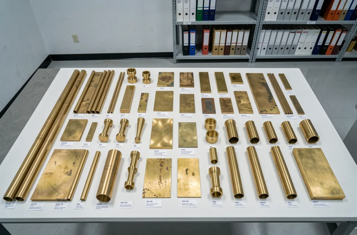 Échantillons de laiton classés par alliage et qualité sur une table de laboratoire matériaux