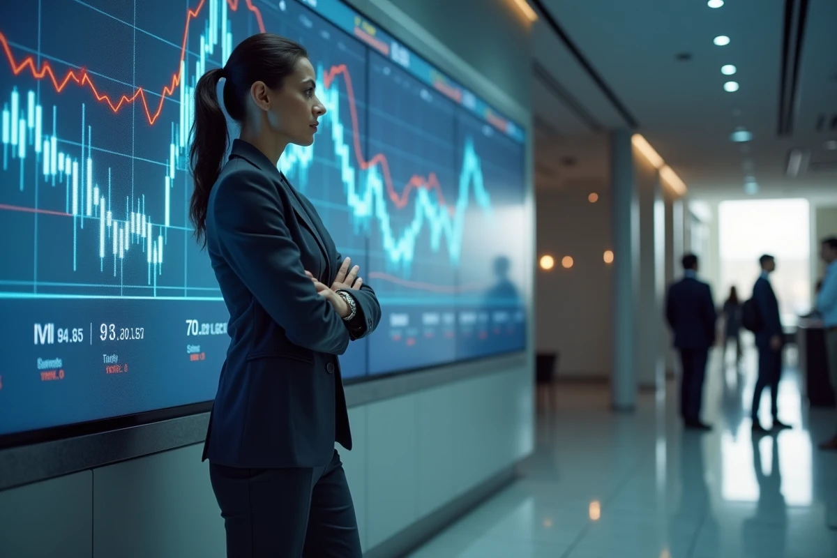 Économiste féminine devant un tableau de bord financier affichant des courbes de taux d'intérêt en temps réel
