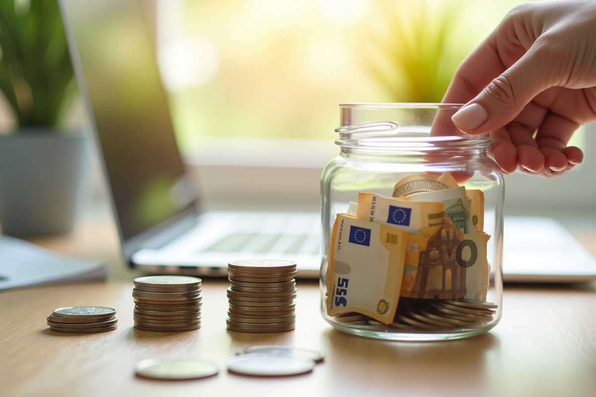 Main empilant des pièces et billets d euro sur un bureau lumineux