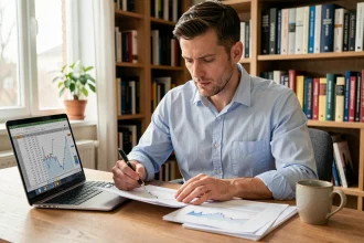 Homme en chemise bleue analysant des documents financiers sur un bureau en bois pour comprendre l'Euribor 3 mois