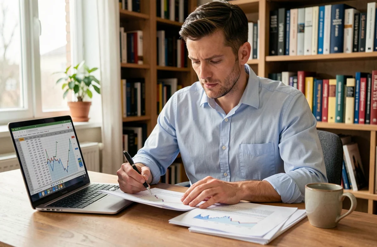 Homme en chemise bleue analysant des documents financiers sur un bureau en bois pour comprendre l'Euribor 3 mois