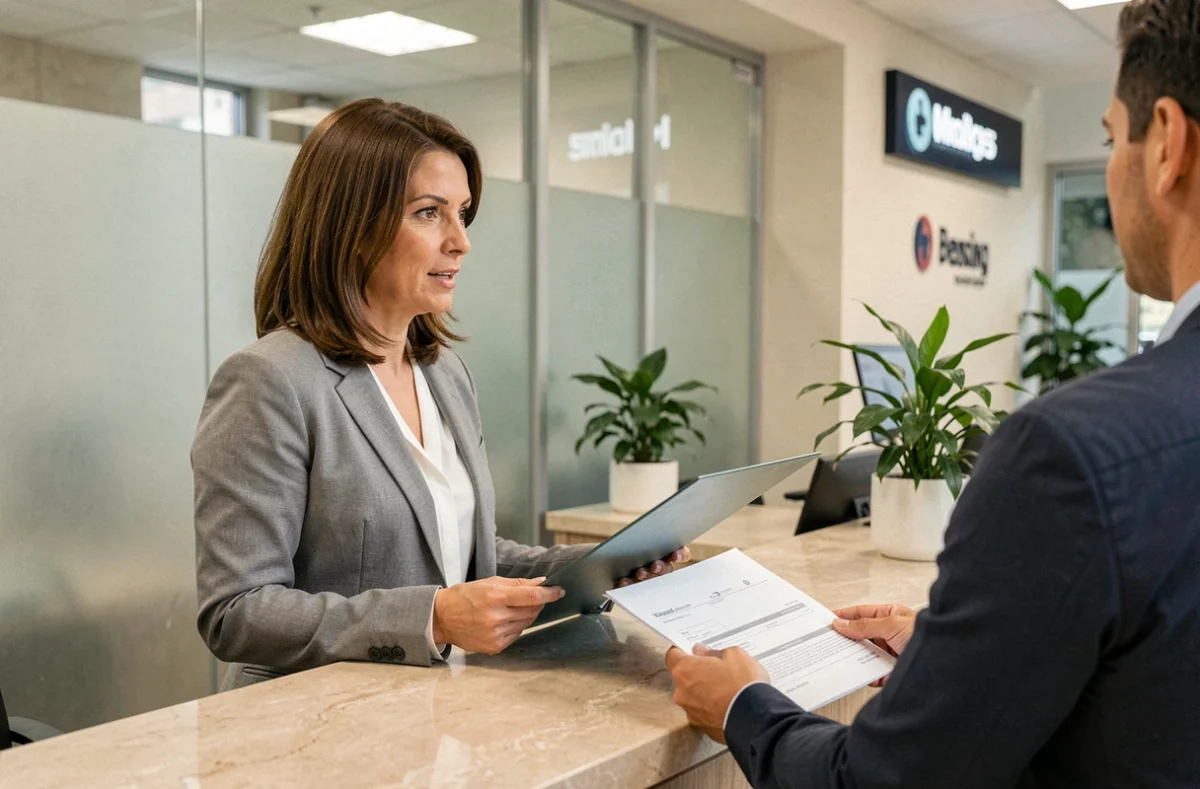 Femme emprunteuse discutant des conditions de taux Euribor avec un conseiller bancaire dans une agence moderne