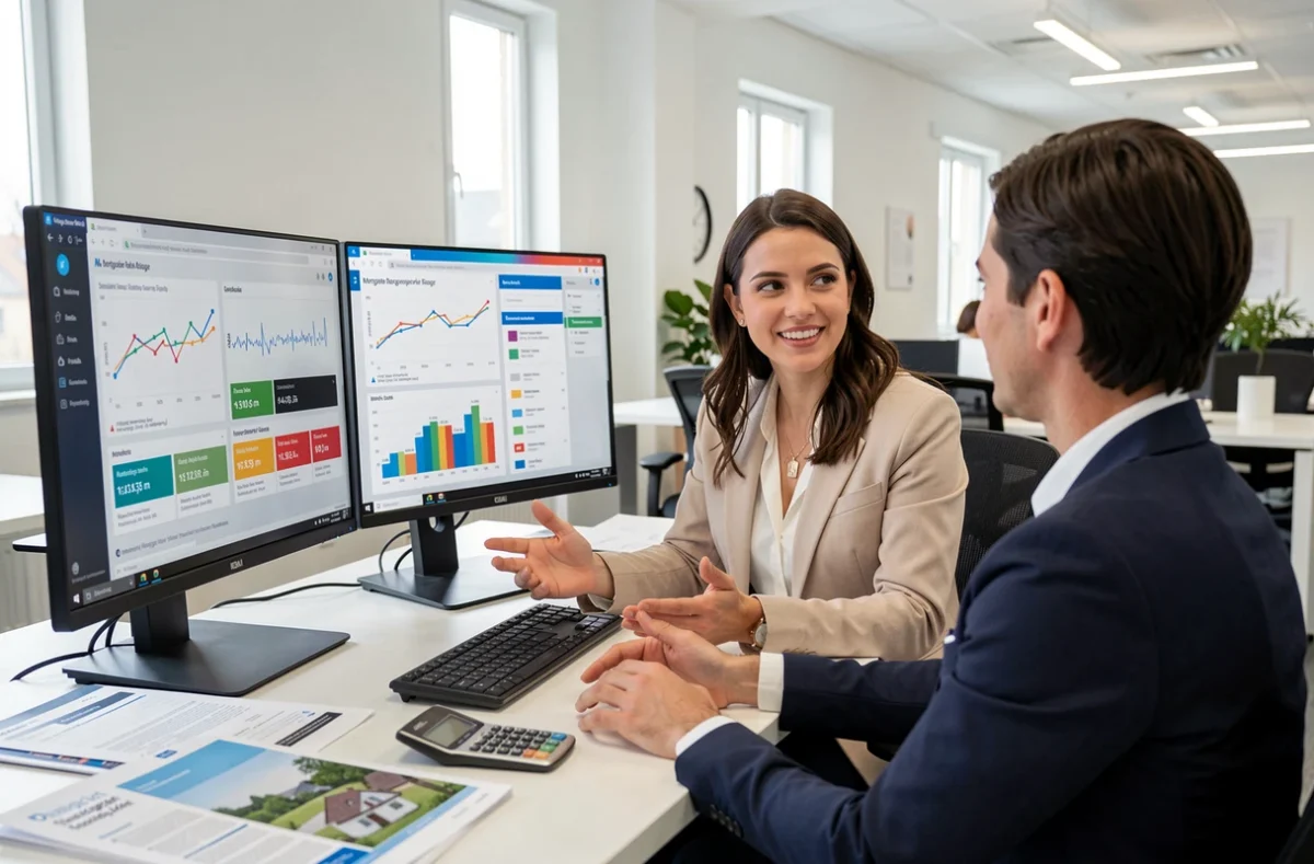 Conseillère d'Empruntis Montauban présentant une comparaison de taux de crédit immobilier sur ordinateur à un client
