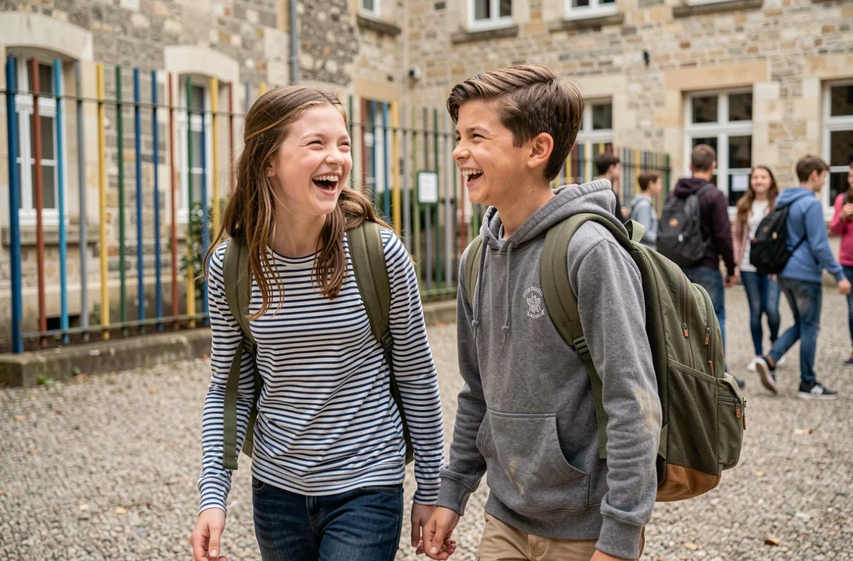 Deux enfants souriants avec des sacs à dos dans une cour d'école illustrant l'importance de l'assurance scolaire