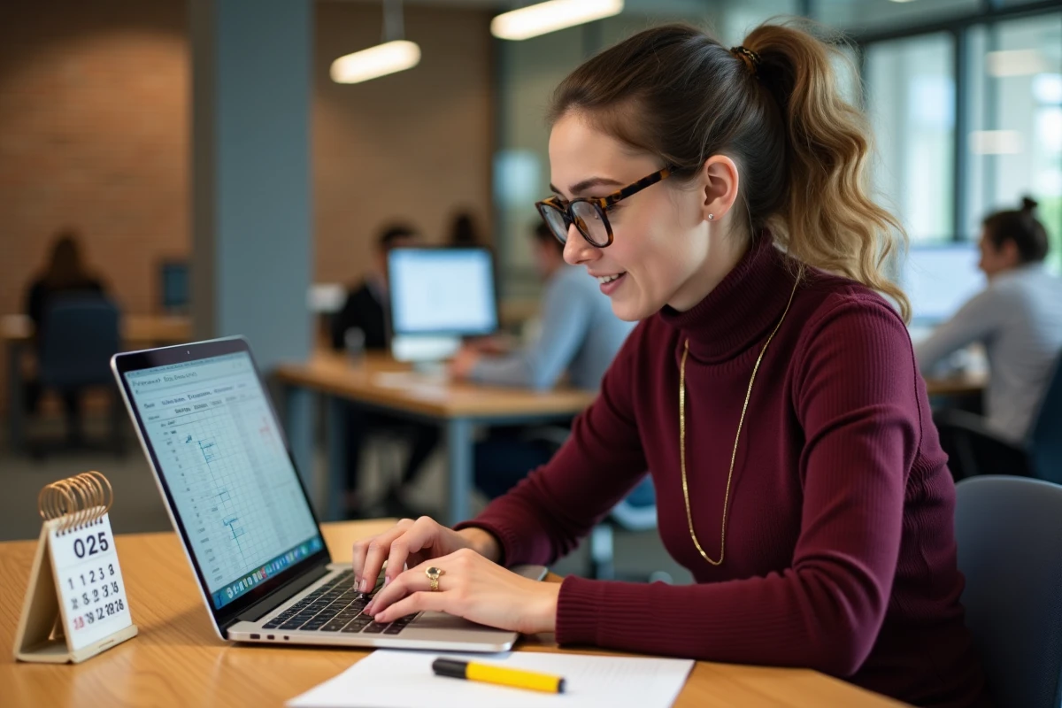 Jeune enseignante gérant son budget mensuel sur un ordinateur portable avec un calendrier de paie 2026 dans un espace de travail partagé