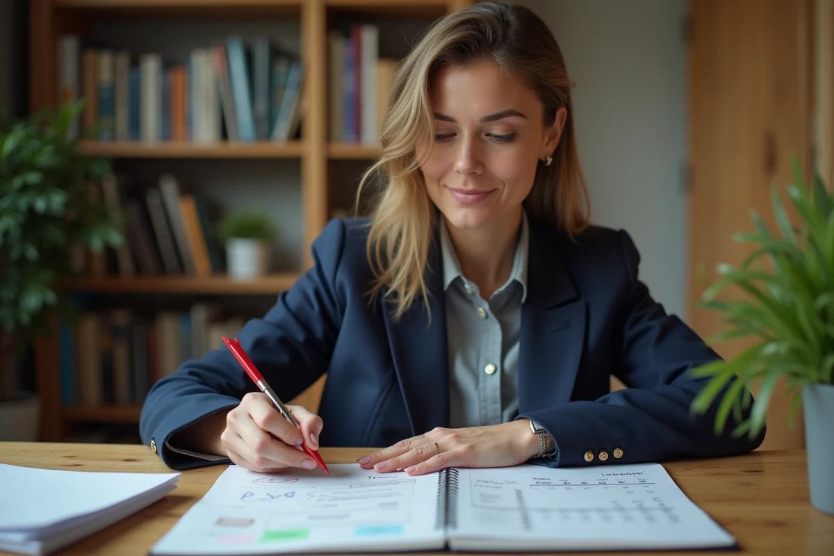 Enseignante consultant son calendrier de paie 2026 à son bureau avec un agenda et des notes budgétaires manuscrites