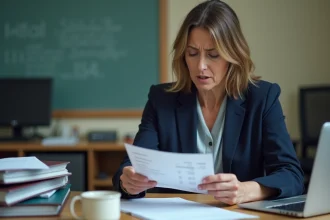 Enseignante consultant sa fiche de salaire dans la salle des professeurs, réforme de la rémunération 2026