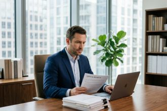 Homme d'affaires en costume navy en réunion dans un bureau moderne