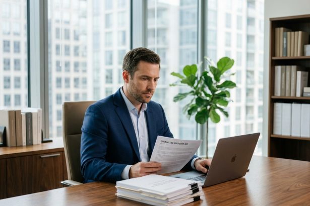 Homme d'affaires en costume navy en réunion dans un bureau moderne