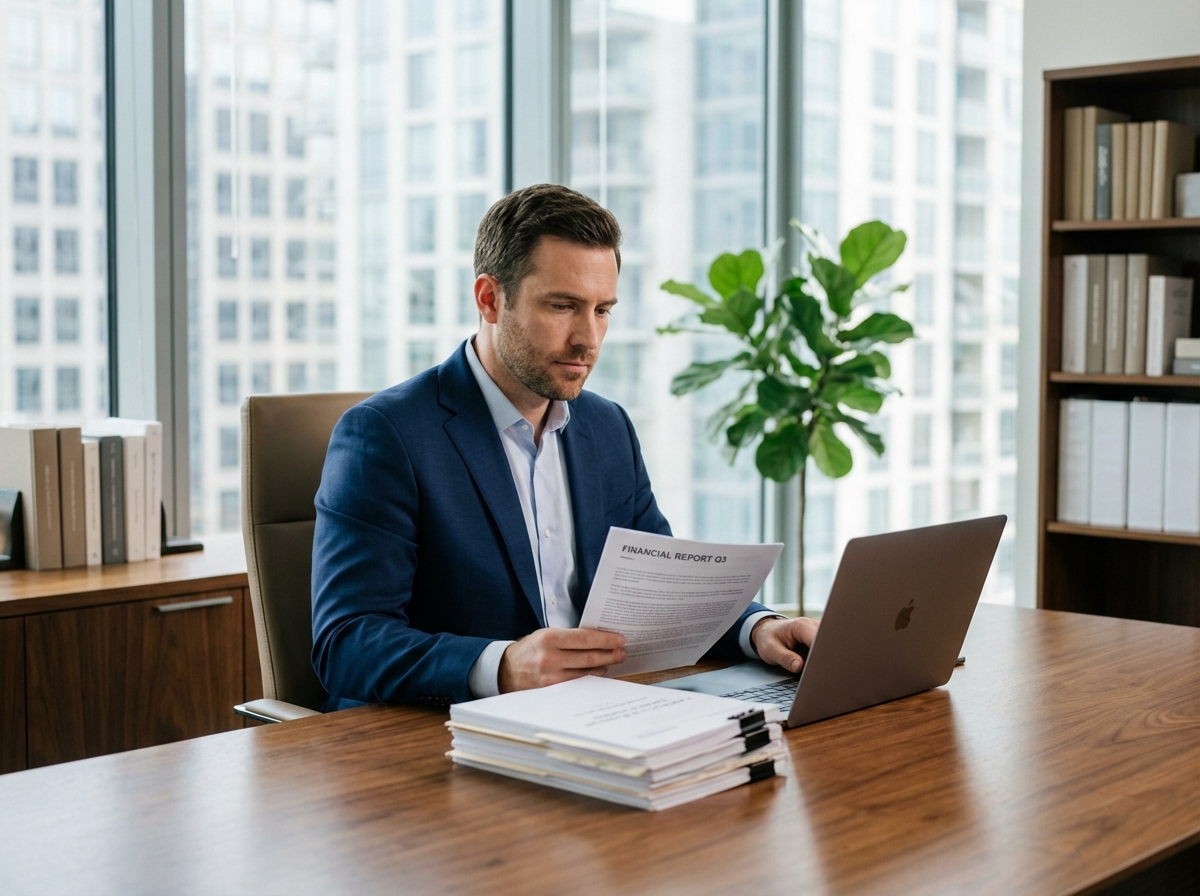 Homme d'affaires en costume navy en réunion dans un bureau moderne