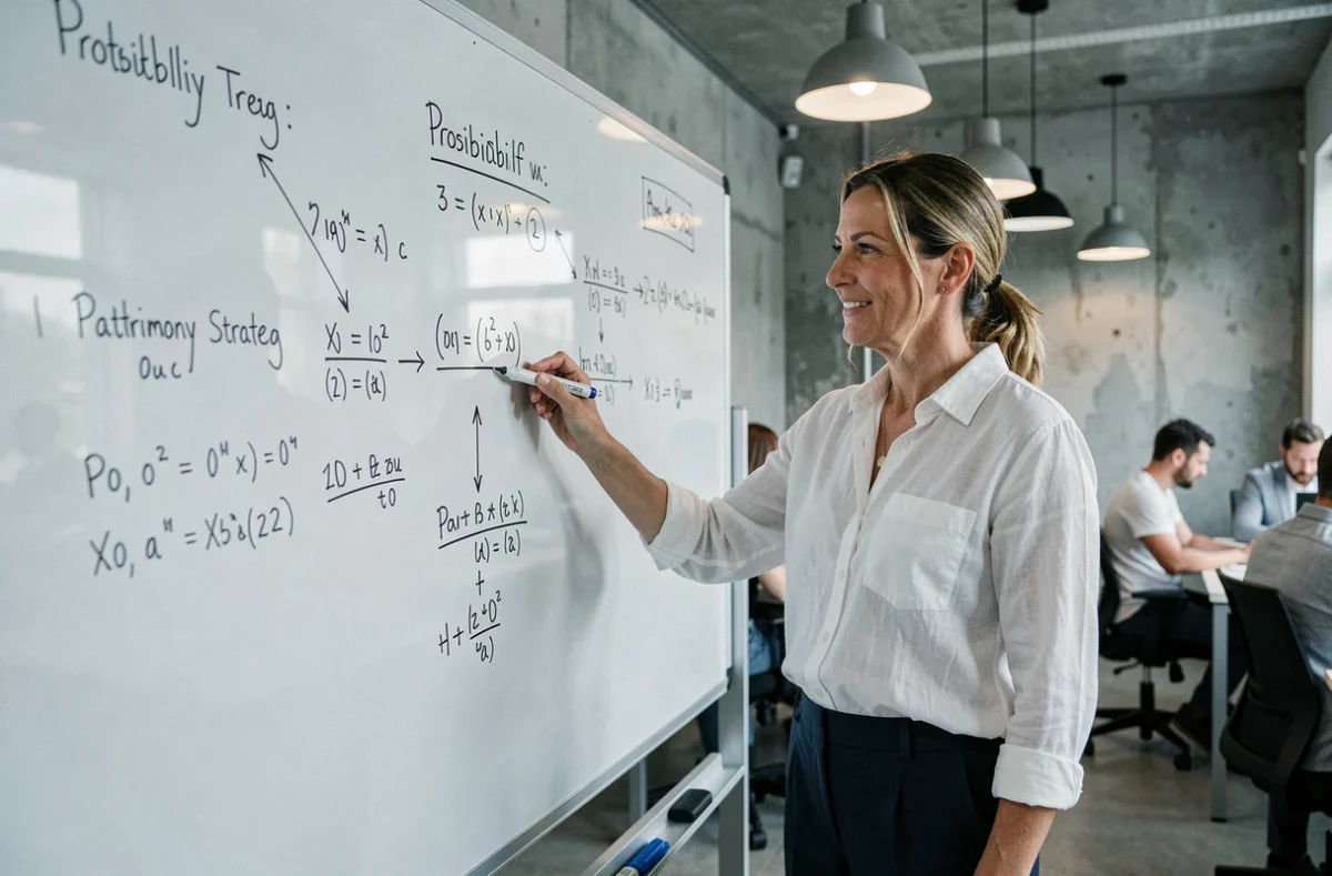 Entrepreneuse présentant des calculs de rentabilité et une stratégie patrimoniale sur tableau blanc dans un espace de coworking
