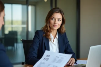 Femme en entretien d'embauche consultant un document de calcul salaire net en brut sur un bureau en open space moderne