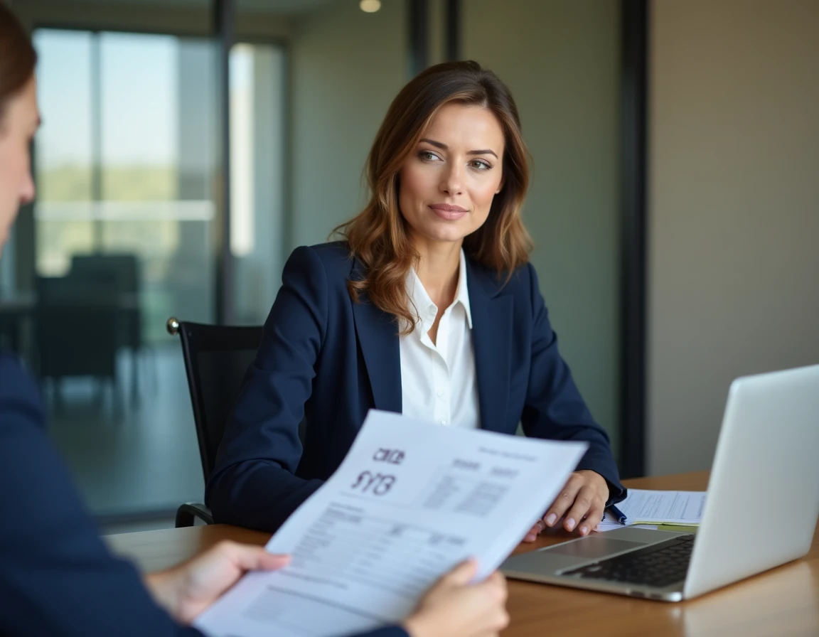 Femme en entretien d'embauche consultant un document de calcul salaire net en brut sur un bureau en open space moderne
