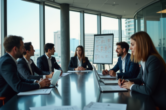 Groupe de professionnels en réunion stratégie dans un bureau moderne