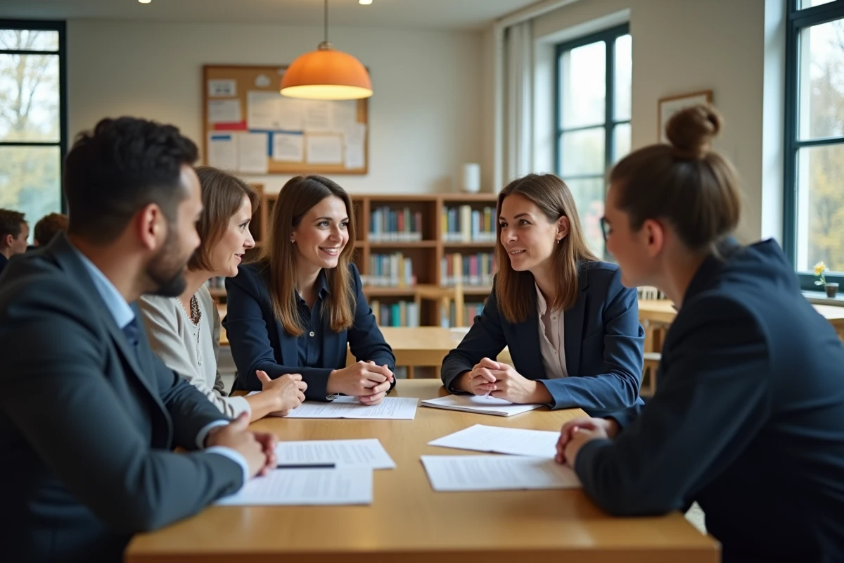 Groupe de quatre personnels éducatifs discutant des fiches de paie