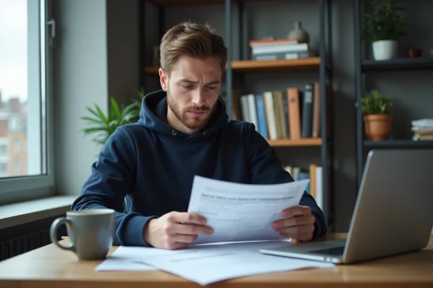 Étudiant salarié consultant des documents administratifs sur la prime d'activité à son bureau dans un appartement