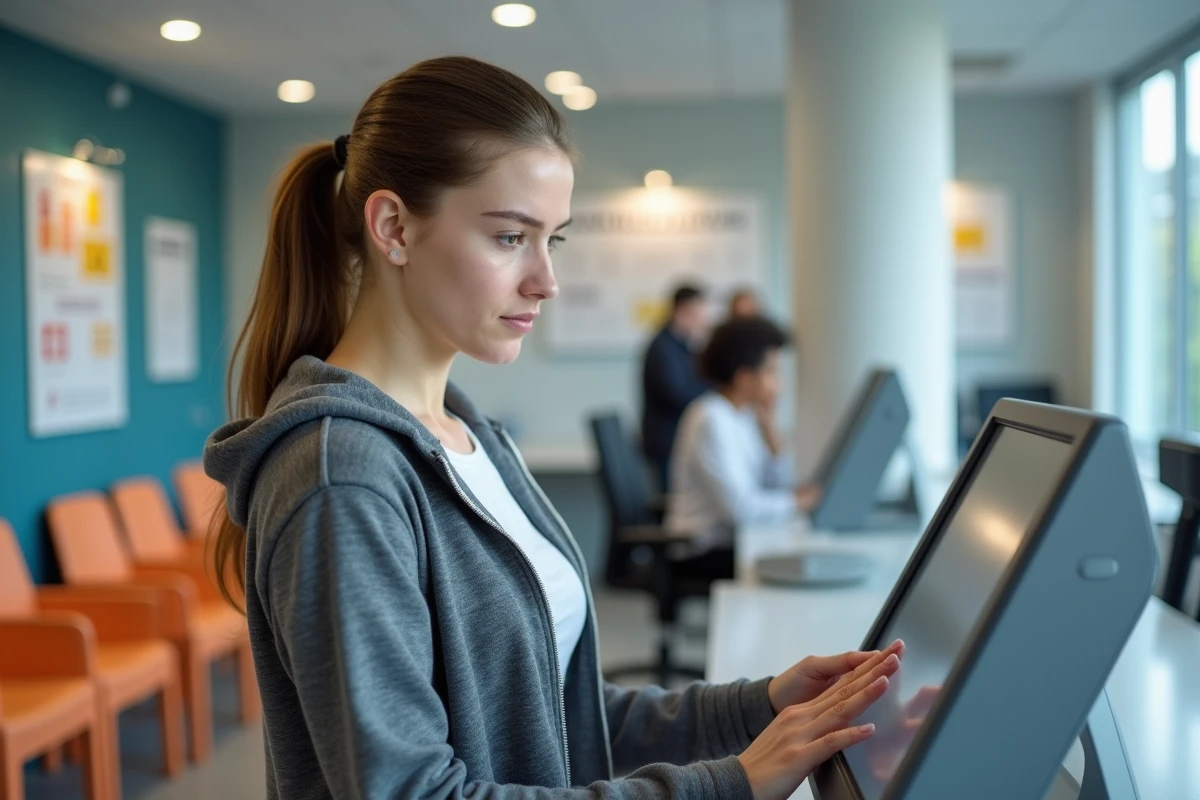 Jeune femme étudiante utilisant un kiosque numérique dans une agence CAF pour se renseigner sur la prime d'activité