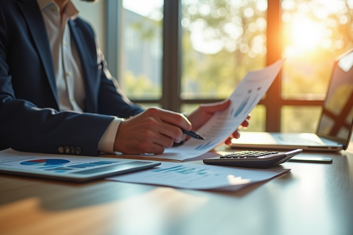 Un executive en entreprise analysant des graphiques financiers