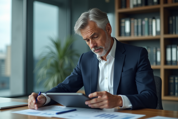 Homme d'affaires en costume bleu dans un bureau moderne