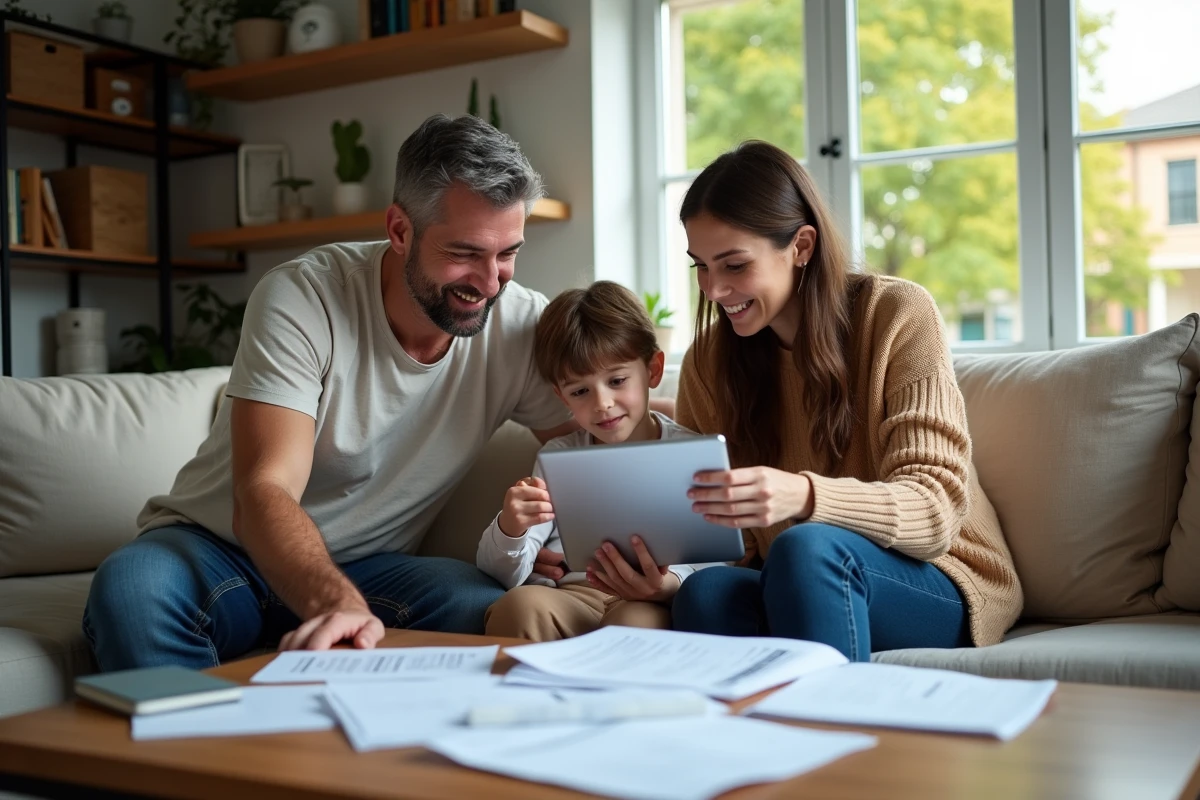 Famille discutant de documents financiers dans le salon