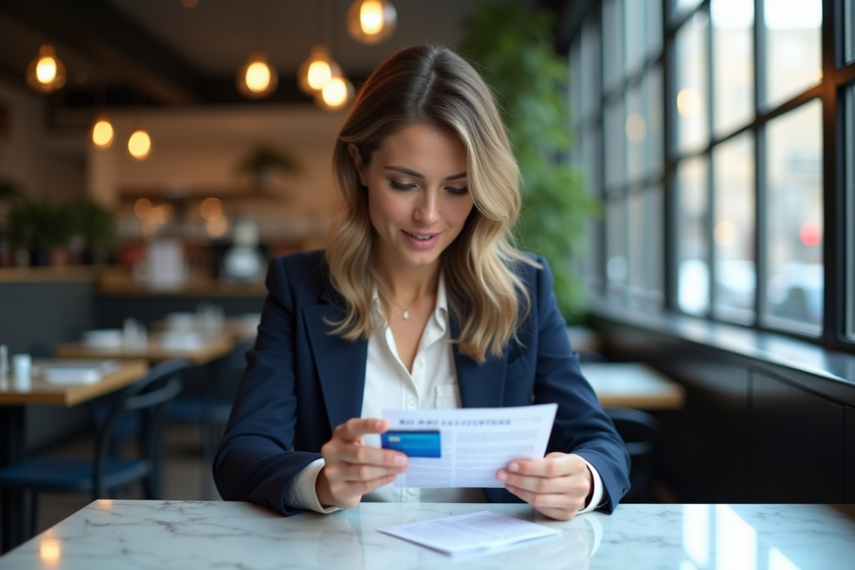 Femme d affaires examine sa carte American Express dans un café moderne