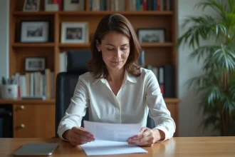 Femme d'affaires examinant un document dans un bureau à domicile