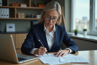 Femme d'affaires en costume bleu concentrée sur documents et ordinateur