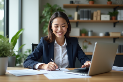Femme d'affaires en costume bleu examine des documents de prêt immobilier