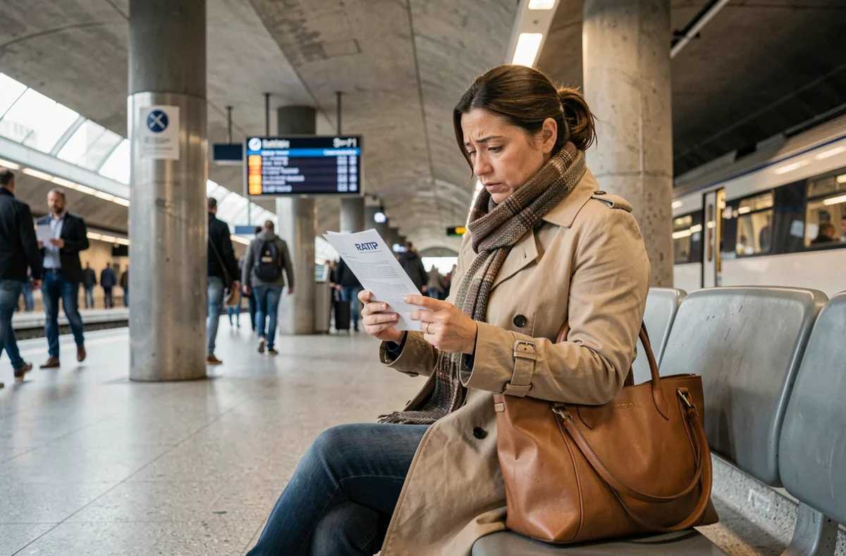 Femme lisant une contravention RATP dans une gare RER parisienne avec une expression préoccupée