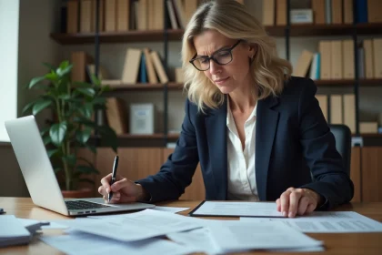Femme professionnelle analysant des documents fiscaux et des reçus de repas sur un bureau en bois dans un bureau à domicile moderne