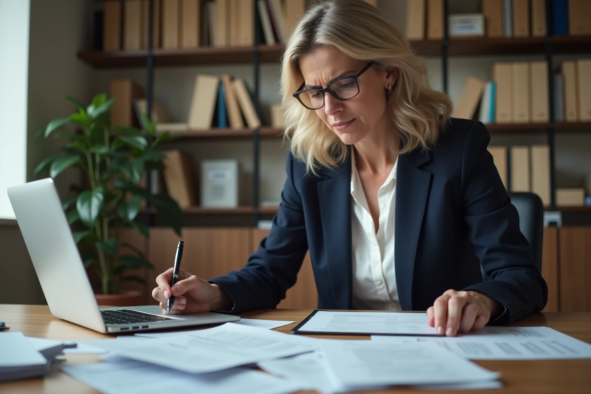 Femme professionnelle analysant des documents fiscaux et des reçus de repas sur un bureau en bois dans un bureau à domicile moderne