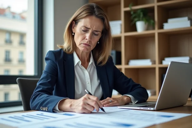 Femme analysant des prévisions d'inflation INSEE sur des documents financiers à son bureau à domicile