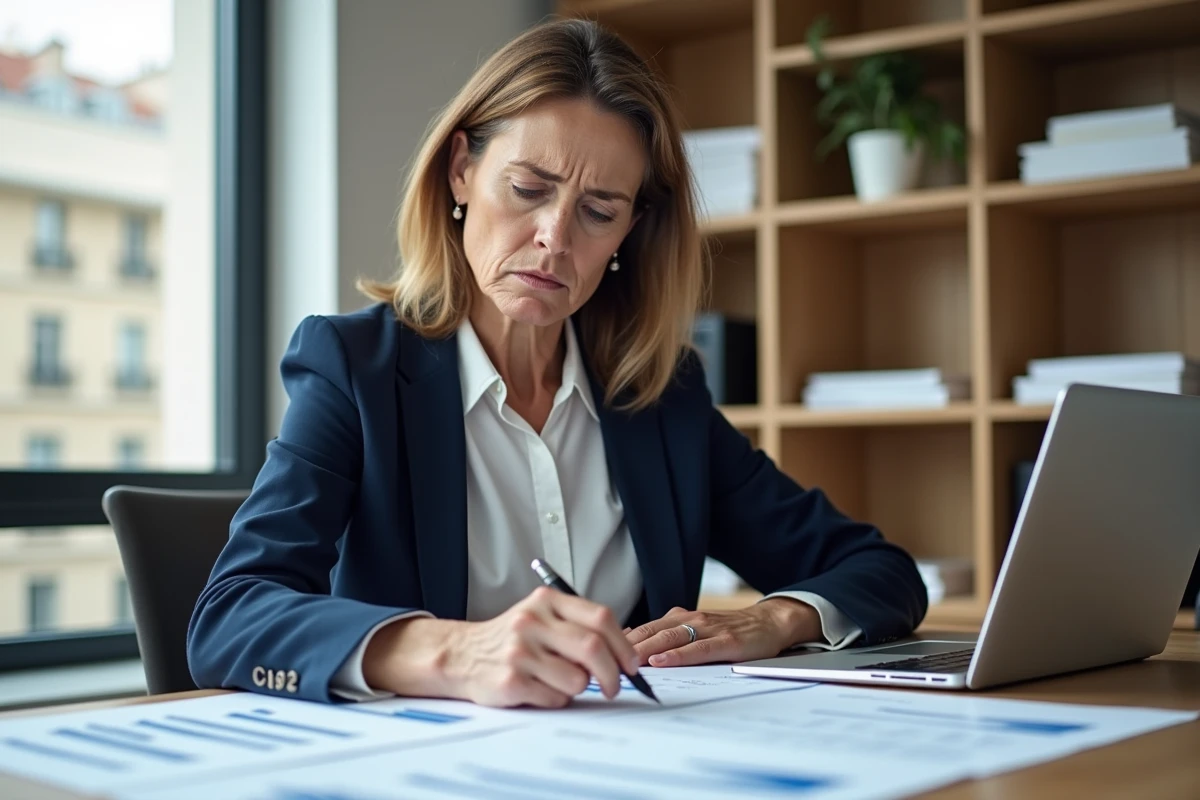 Femme analysant des prévisions d'inflation INSEE sur des documents financiers à son bureau à domicile