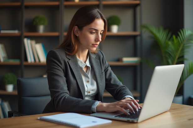 Femme concentrée analysant des données crypto dans un bureau
