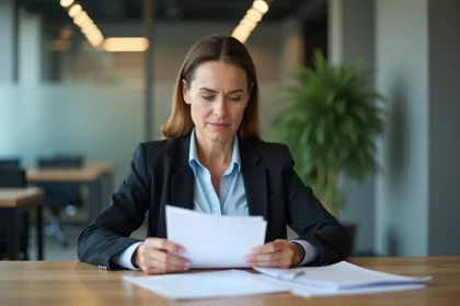 Femme d'âge moyen en bureau examinant des documents d'assurance
