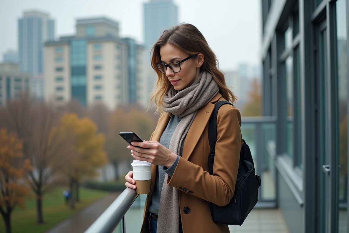 Femme en blazer sur un balcon urbain vérifiant son smartphone
