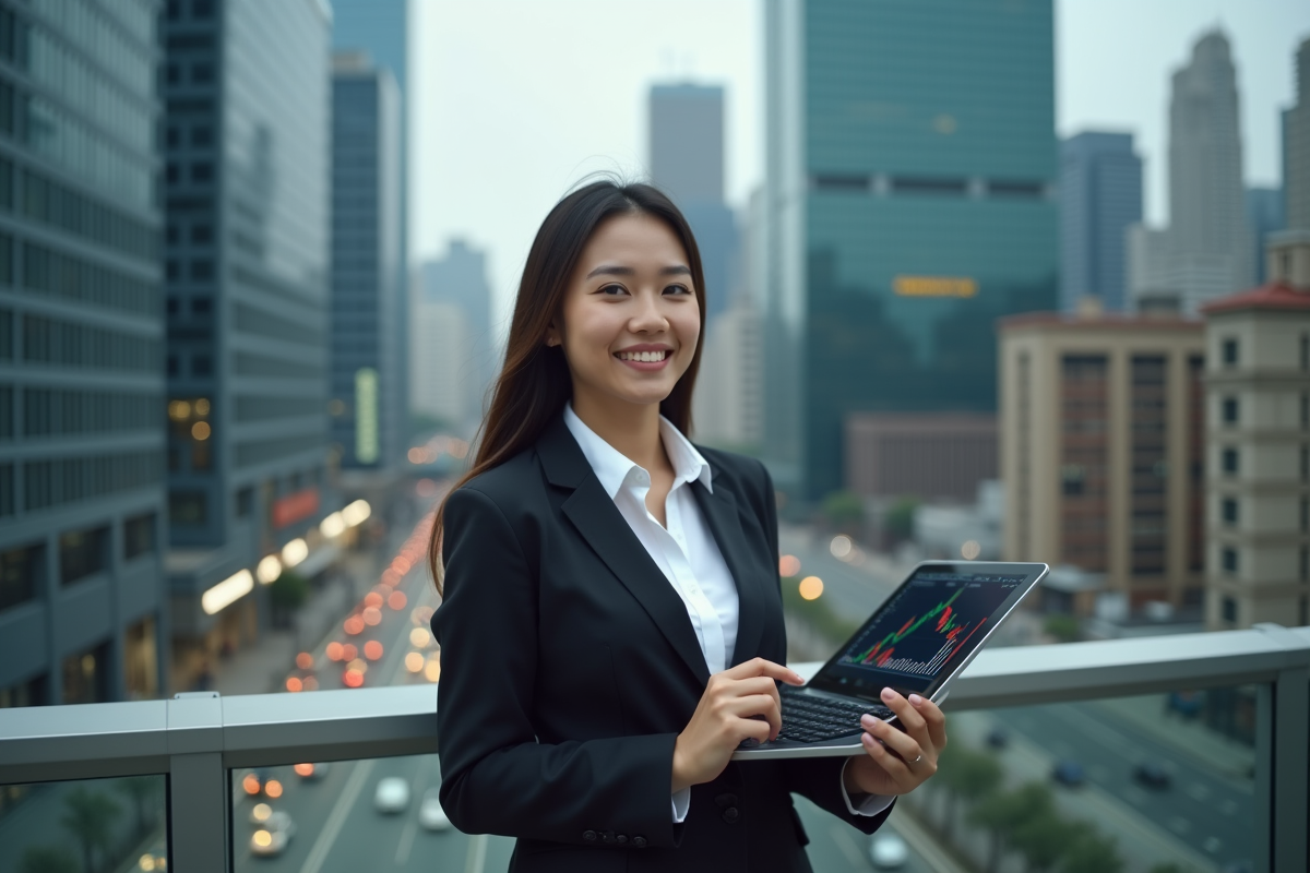 Jeune femme avec tablette sur balcon face au district financier