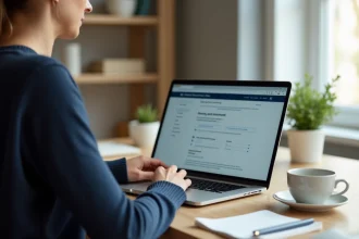 Femme d'âge moyen vérifiant ses comptes en ligne dans un bureau à domicile