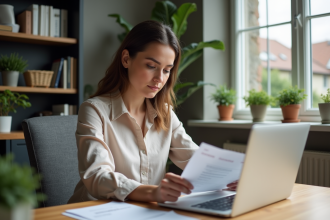 Femme d adulte jeune en bureau à domicile