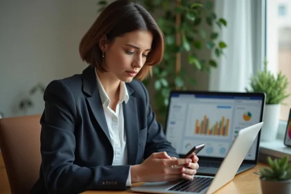 Femme d'affaires vérifiant son smartphone dans un bureau moderne