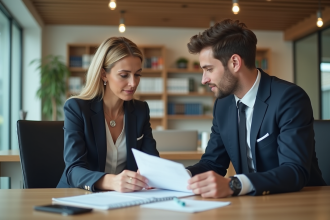Femme élégante et conseiller bancaire lors d'un rendez-vous