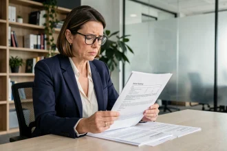 Femme professionnelle examinant attentivement un contrat de bail automobile à son bureau, illustrant les erreurs fréquentes des clients en matière de service client Cofica Bail