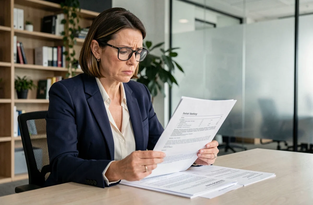Femme professionnelle examinant attentivement un contrat de bail automobile à son bureau, illustrant les erreurs fréquentes des clients en matière de service client Cofica Bail